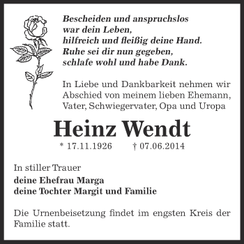 Traueranzeige von Heinz Wendt von WVG - Wochenspiegel Dessau / Köthen