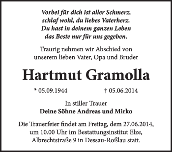 Traueranzeige von Hartmut Gramolla von Super Sonntag Dessau / Köthen