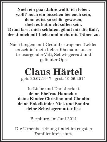 Traueranzeige von Claus Härtel von Super Sonntag Bernburg