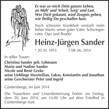 Traueranzeige von Heinz-Jürgen Sander von WVG - Wochenspiegel Quedlinburg