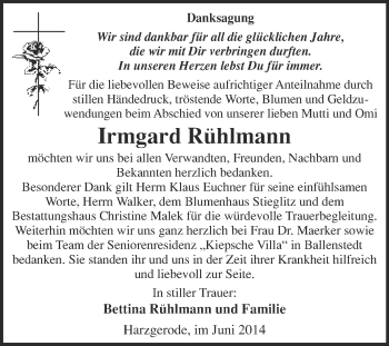 Traueranzeige von Irmgard Rühlmann von WVG - Wochenspiegel Quedlinburg