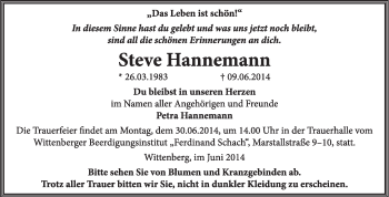 Traueranzeige von Steve Hannemann von WVG - Wochenspiegel Wittenberg