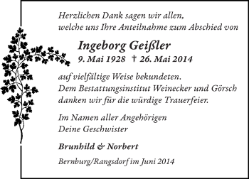 Traueranzeige von Ingeborg Geißler von Super Sonntag Bernburg