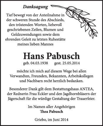 Traueranzeige von Hans Pabusch von Super Sonntag Wittenberg