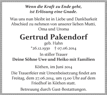 Traueranzeige von Gertrud Pakendorf von WVG - Wochenspiegel Dessau / Köthen
