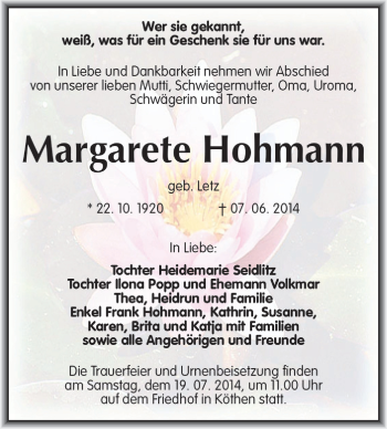 Traueranzeige von Margarete Hohmann von Super Sonntag Dessau / Köthen