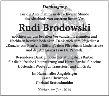 Traueranzeige von Rudi Brodowski von Super Sonntag Dessau / Köthen