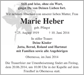 Traueranzeige von Marie Heber von WVG - Wochenspiegel NMB / WSF / ZTZ