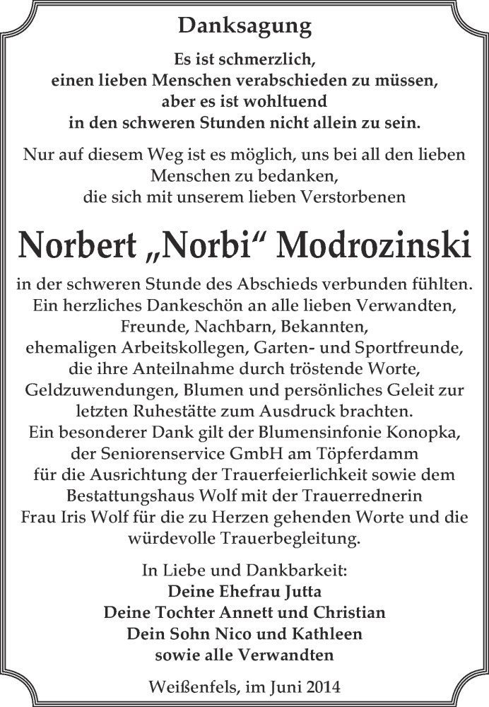  Traueranzeige für Norbert Modrozinski vom 18.06.2014 aus WVG - Wochenspiegel NMB / WSF / ZTZ