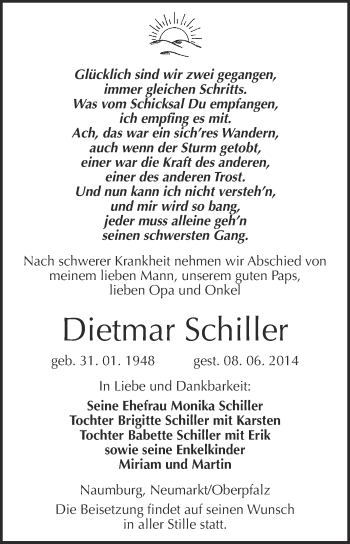 Traueranzeige von Dietmar Schiller von WVG - Wochenspiegel NMB / WSF / ZTZ