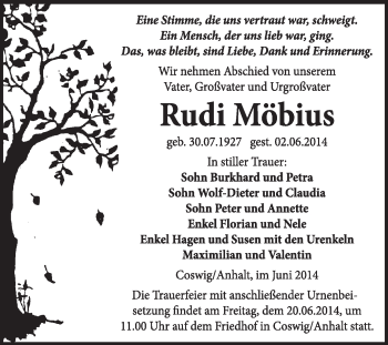 Traueranzeige von Rudi Möbius von Super Sonntag Wittenberg