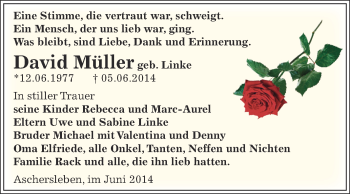 Traueranzeige von David Müller von WVG - Wochenspiegel Aschersleben