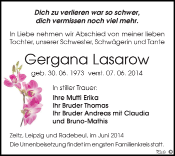 Traueranzeige von Gergana Lasarow von Super Sonntag Zeitz