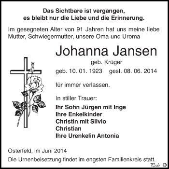 Traueranzeige von Johanna Jansen von Super Sonntag Zeitz