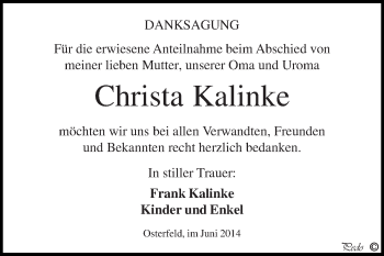 Traueranzeige von Christa Kalinke von Super Sonntag Zeitz