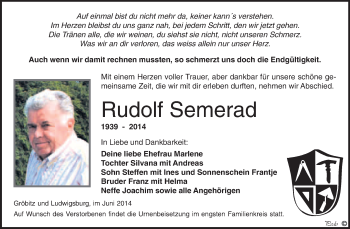 Traueranzeige von Rudolf Semerad von WVG - Wochenspiegel NMB / WSF / ZTZ