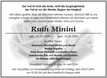 Traueranzeige von Ruth Minini von WVG - Wochenspiegel NMB / WSF / ZTZ