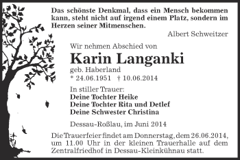 Traueranzeige von Karin Langanki von WVG - Wochenspiegel Dessau / Köthen