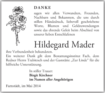 Traueranzeige von Hildegard Mader von WVG - Wochenspiegel Merseburg