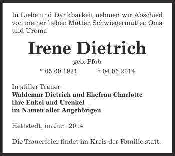 Traueranzeige von Irene Dietrich von Super Sonntag SGH Mansf. Land
