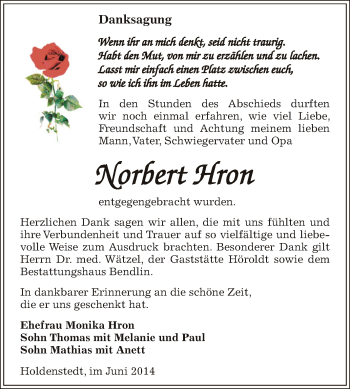 Traueranzeige von Norbert Hron von Super Sonntag SGH Mansf. Land
