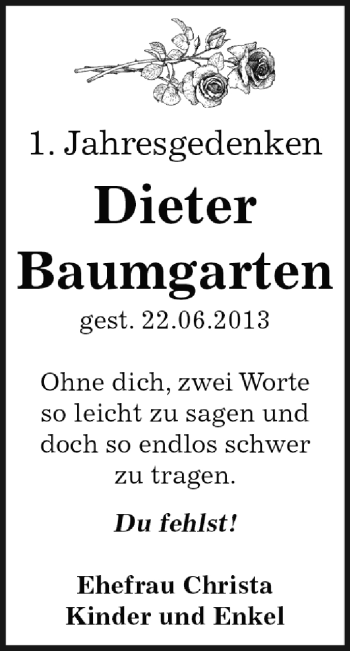 Traueranzeige von Dieter Baumgarten von WVG - Wochenspiegel Dessau / Köthen
