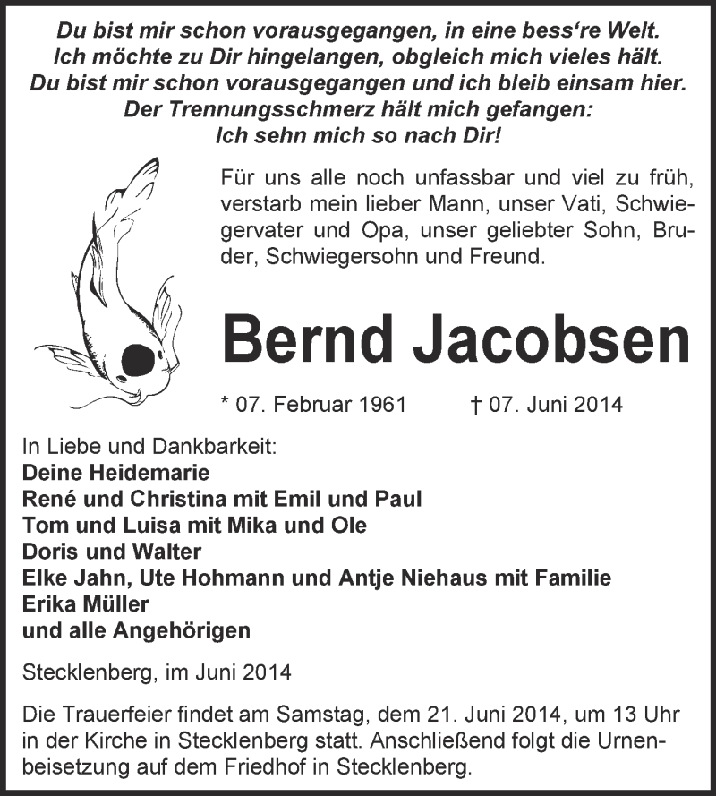  Traueranzeige für Bernd Jacobsen vom 15.06.2014 aus Super Sonntag Quedlinburg