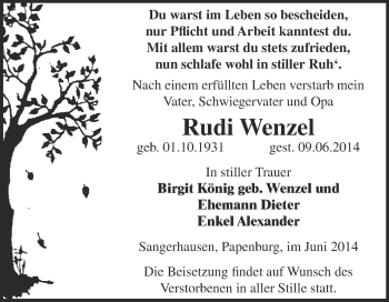 Traueranzeige von Rudi Wenzel von Super Sonntag SGH Mansf. Land