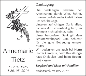 Traueranzeige von Annemarie Tietz von WVG - Wochenspiegel Quedlinburg