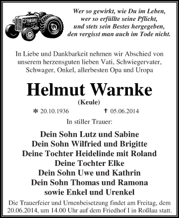 Traueranzeige von Helmut Warnke von WVG - Wochenspiegel Dessau / Köthen