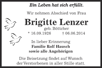 Traueranzeige von Brigitte Lenzer von Super Sonntag Zeitz