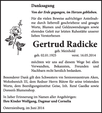 Traueranzeige von Gertrud Radicke von Super Sonntag Dessau / Köthen