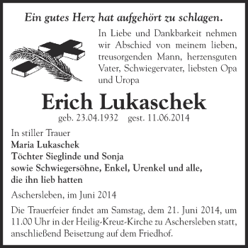 Traueranzeige von Erich Lukaschek von Super Sonntag Aschersleben
