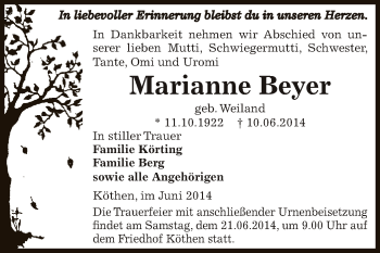 Traueranzeige von Marianne Beyer von WVG - Wochenspiegel Dessau / Köthen