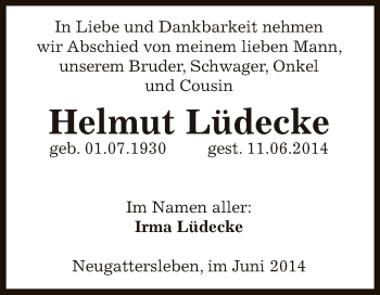Traueranzeige von Helmut Lüdecke von Super Sonntag Bernburg