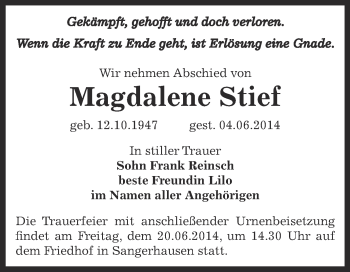 Traueranzeige von Magdalene Stief von Super Sonntag SGH Mansf. Land