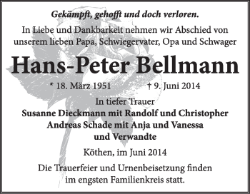 Traueranzeige von Hans-Peter Bellmann von Super Sonntag Dessau / Köthen