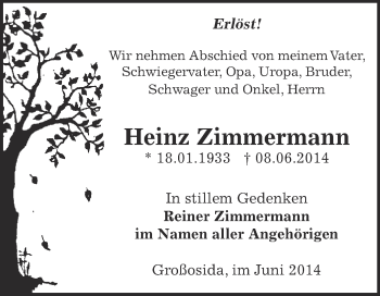 Traueranzeige von Heinz Zimmermann von Super Sonntag Zeitz