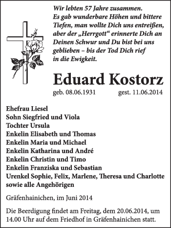 Traueranzeige von Eduard Kostorz von WVG - Wochenspiegel Wittenberg