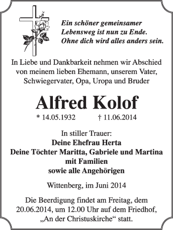 Traueranzeige von Alfred Kolof von WVG - Wochenspiegel Wittenberg