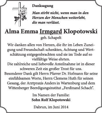 Traueranzeige von Alma Emma Irmgard Klopotowski von WVG - Wochenspiegel Wittenberg