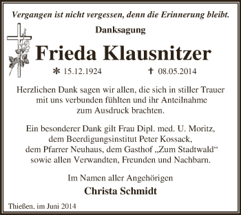 Traueranzeige von Frieda Klausnitzer von WVG - Wochenspiegel Dessau / Köthen