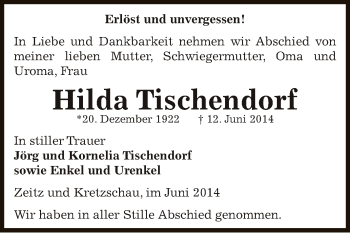 Traueranzeige von Hilda Tischendorf von Super Sonntag Zeitz