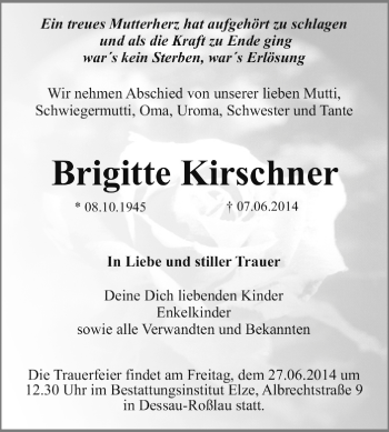 Traueranzeige von Brigitte Kirschner von Super Sonntag Dessau / Köthen