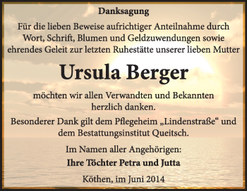 Traueranzeige von Ursula Berger von Super Sonntag Dessau / Köthen
