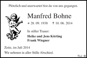 Traueranzeige von Manfred Bohne von Super Sonntag Zeitz