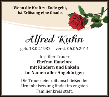 Traueranzeige von Alfred Kuhn von Super Sonntag Zeitz