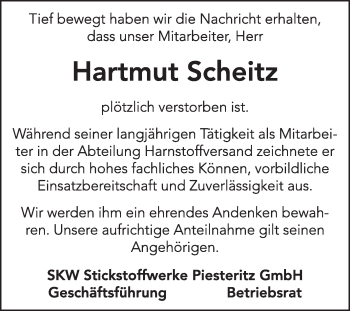 Traueranzeige von Hartmut Scheitz von Super Sonntag Wittenberg