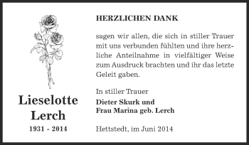 Traueranzeige von Lieselotte Lerch von Super Sonntag SGH Mansf. Land