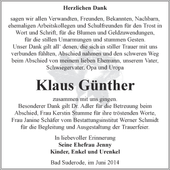 Traueranzeige von Klaus Günther von WVG - Wochenspiegel Quedlinburg